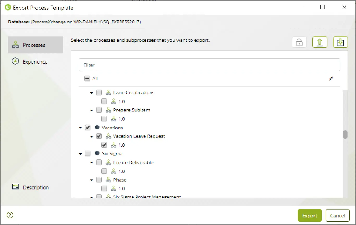 Export window with a process selected and the Export button highlighted