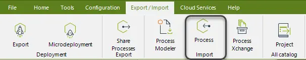 Bizagi Studio with the menu Export/Import and the import process option highlighted